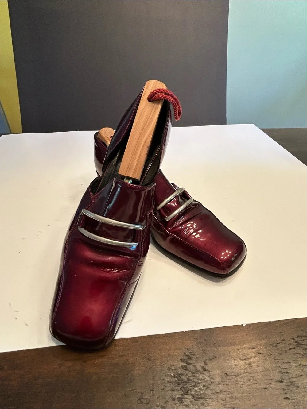 Via Spiga Burgundy Patent Leather Low Heel Loafers